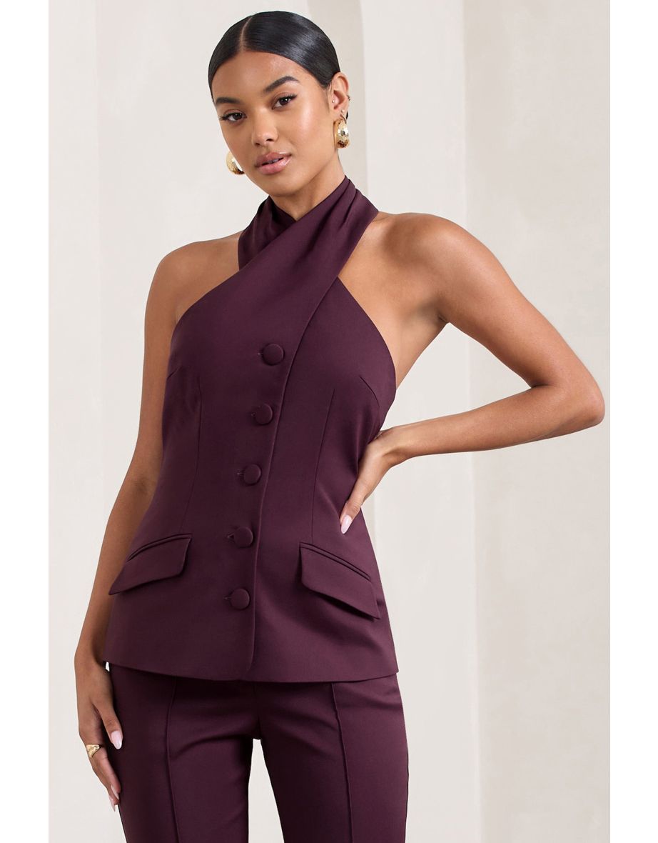 Remi | Burgundy Cross Halter Neck Tailored Sleeveless Blazer Top