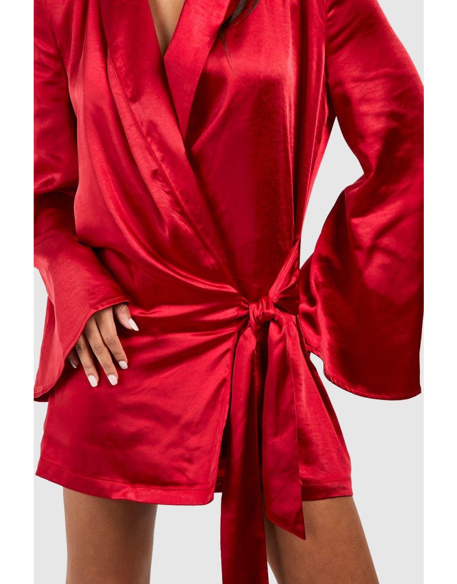 Satin Wrap Shirt Dress - raspberry - 3