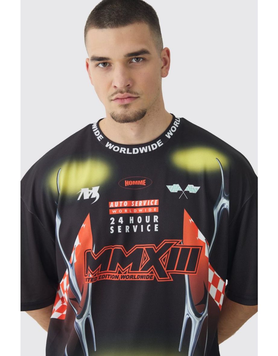 Tall Oversized Boxy Closed Mesh Graffiti Moto Jacquard T-shirt - black - 2