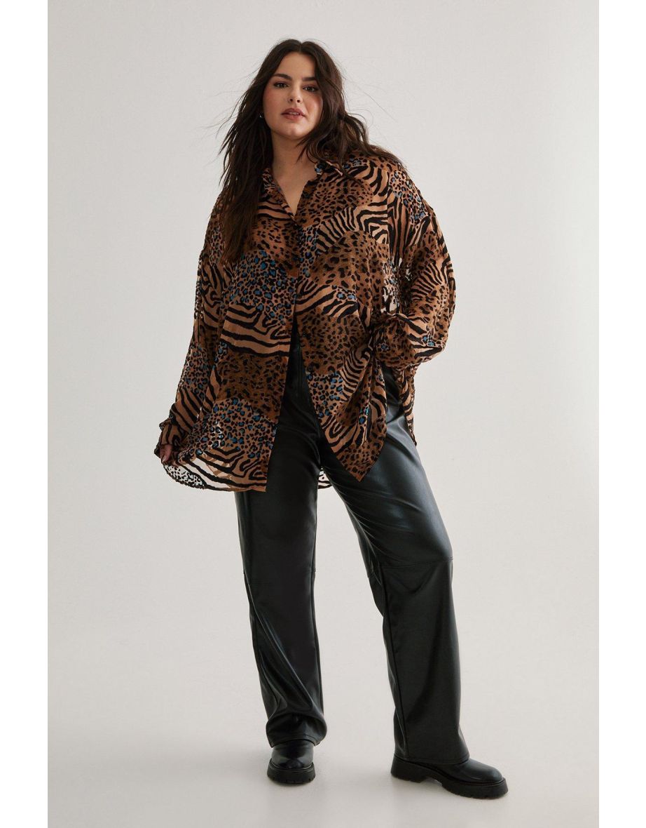 Plus Devore Leopard Zebra Oversized Sheer Shirt