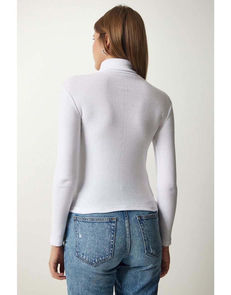 Women's White Turtleneck Ribbed Knitted Blouse - 5
