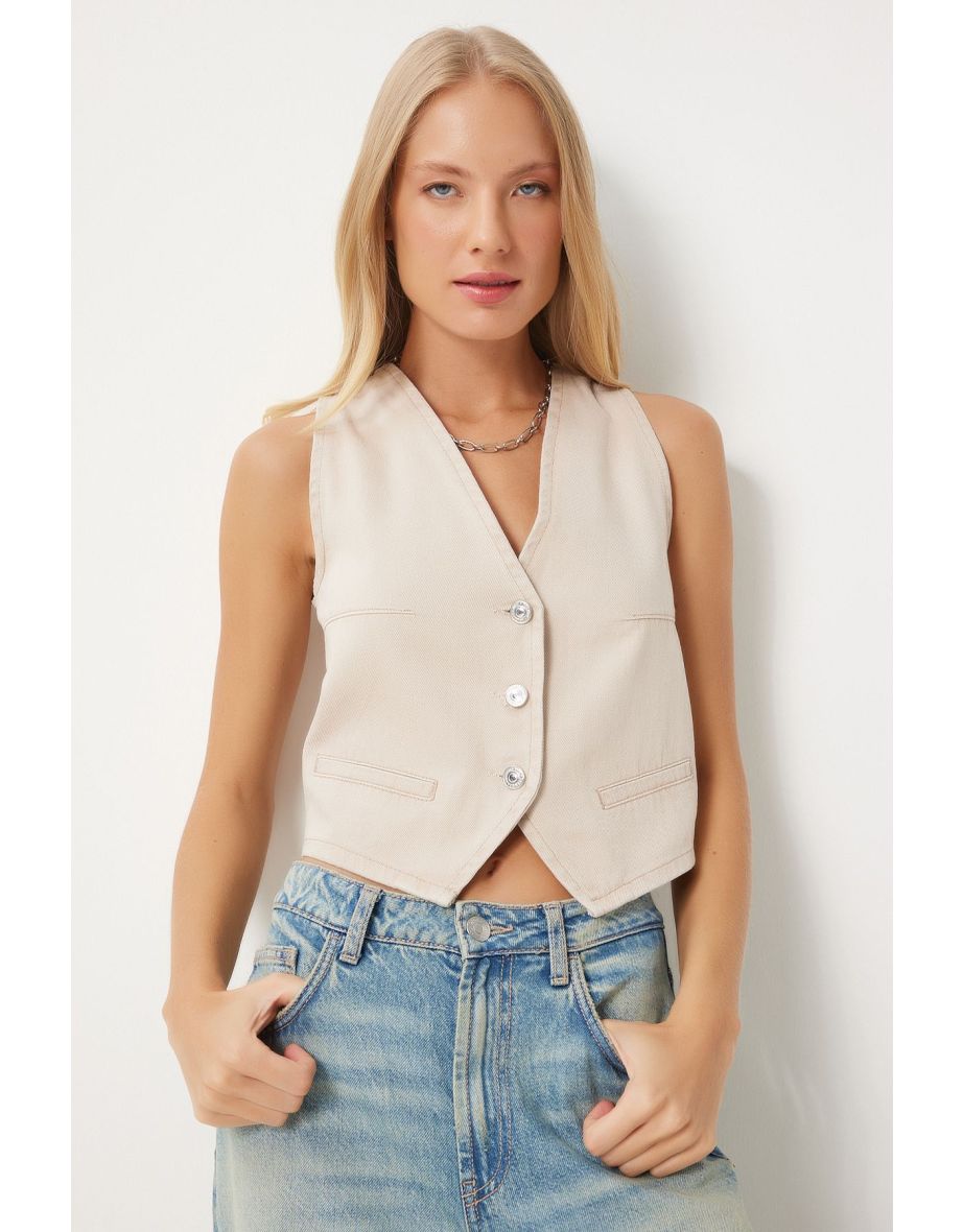 Women's Beige V Neck Crop Denim  Waistcoat
