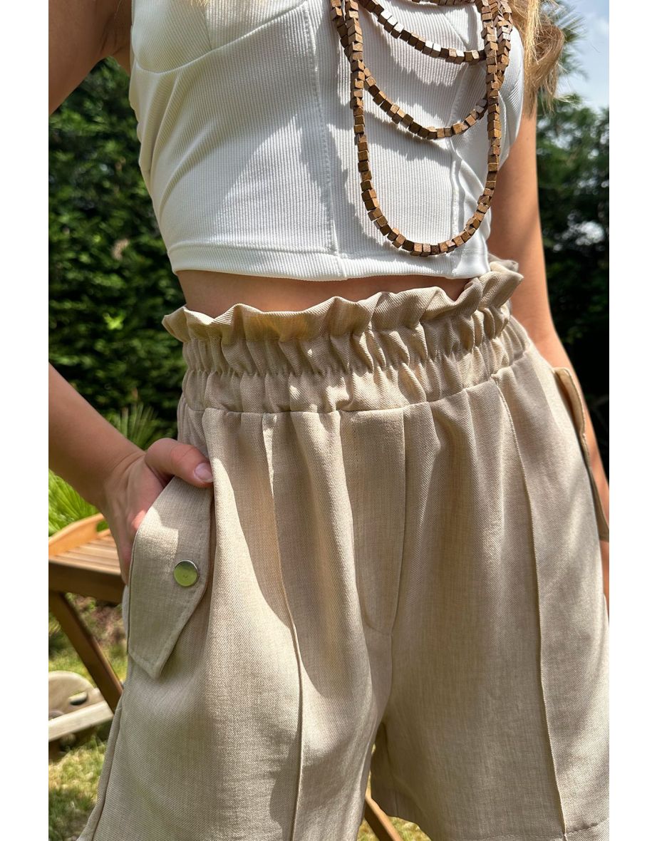 Women's Beige Elastic Waist Double Pocket Linen Shorts - 4