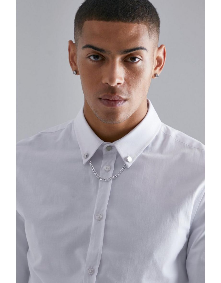 Long Sleeve Slim Chain Collar Shirt - white - 2