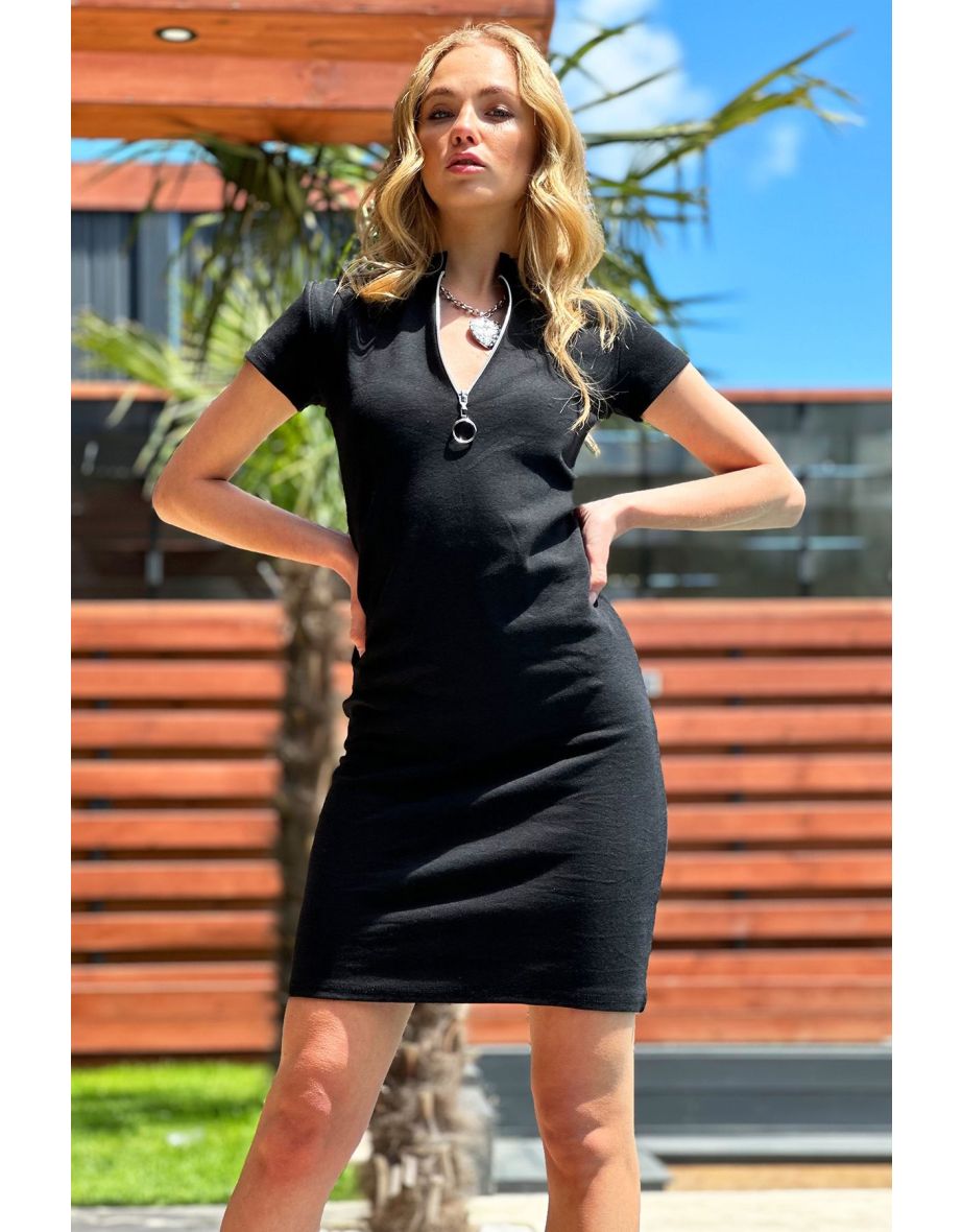 Trendyol Women's Black Full Collar Zippered Half Sleeve Basic Dress