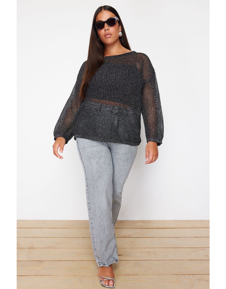 Black Lurex Boat Neck Openwork/Hole Knitwear Sweater
