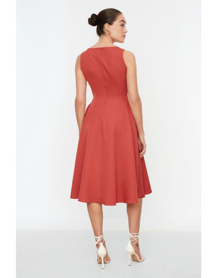 Pale Pink Waist Opening Midi Woven Pleated Woven Dress - 4