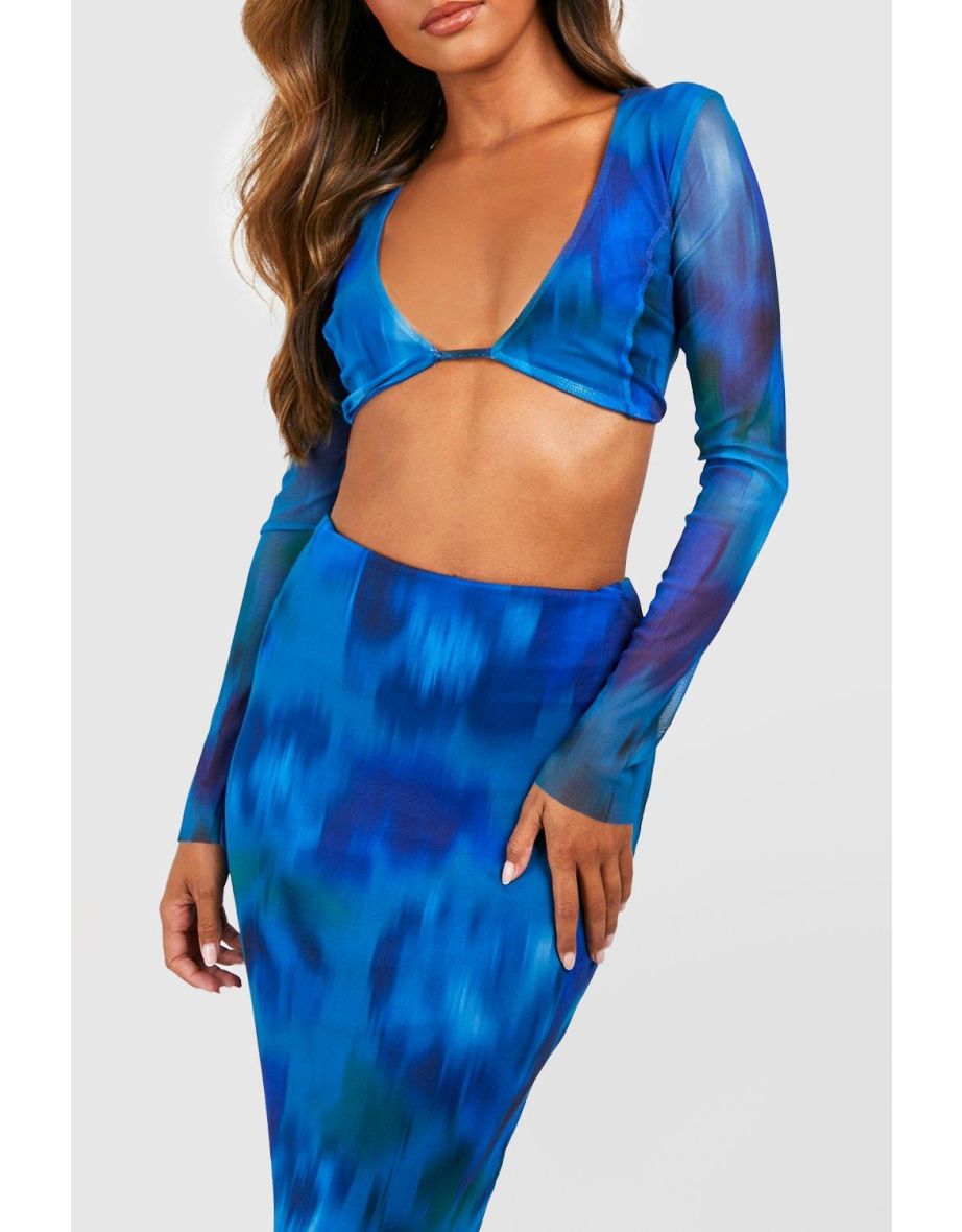 Blurred Floral Mesh Bralette & Maxi Skirt - pacific blue - 3