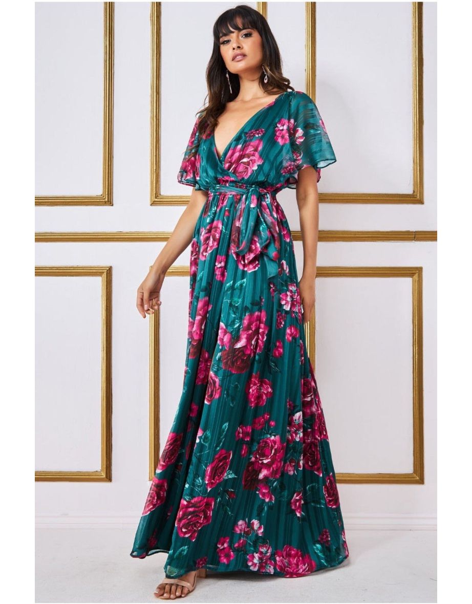 Goddiva Flutter Sleeve Floral Wrap Maxi - Emerald Green