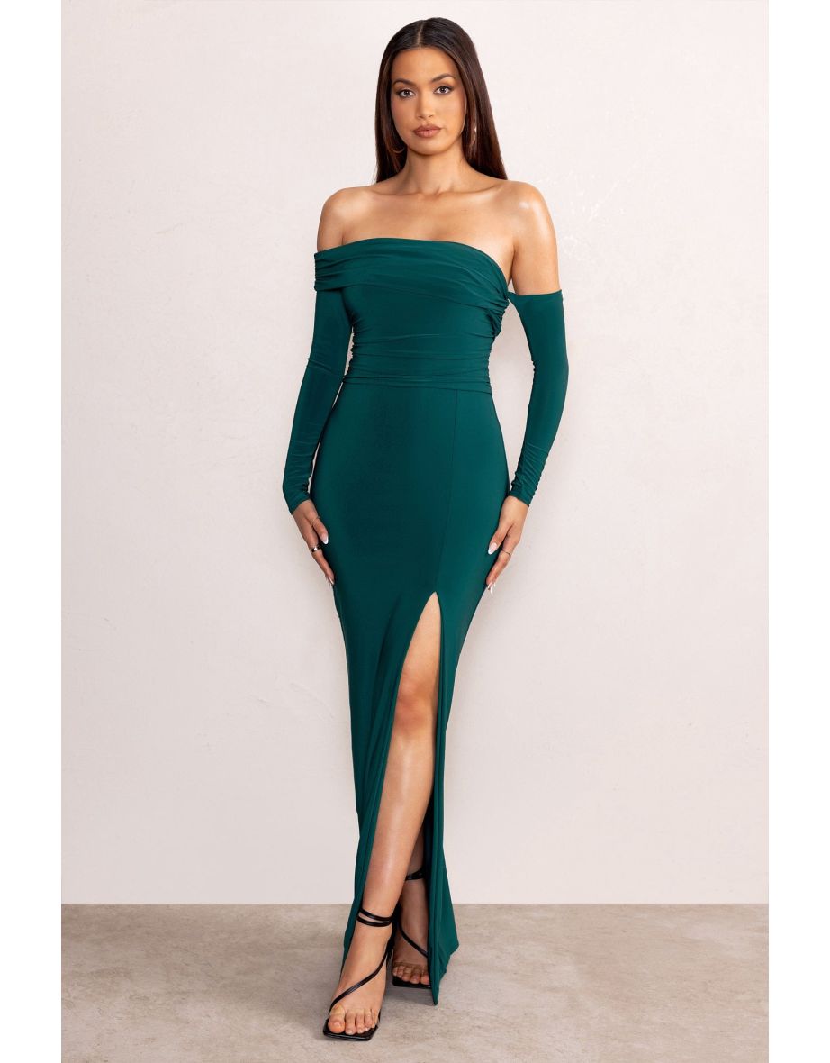 Bottle Green Bardot Ruched Maxi With Sleeves And Side Split