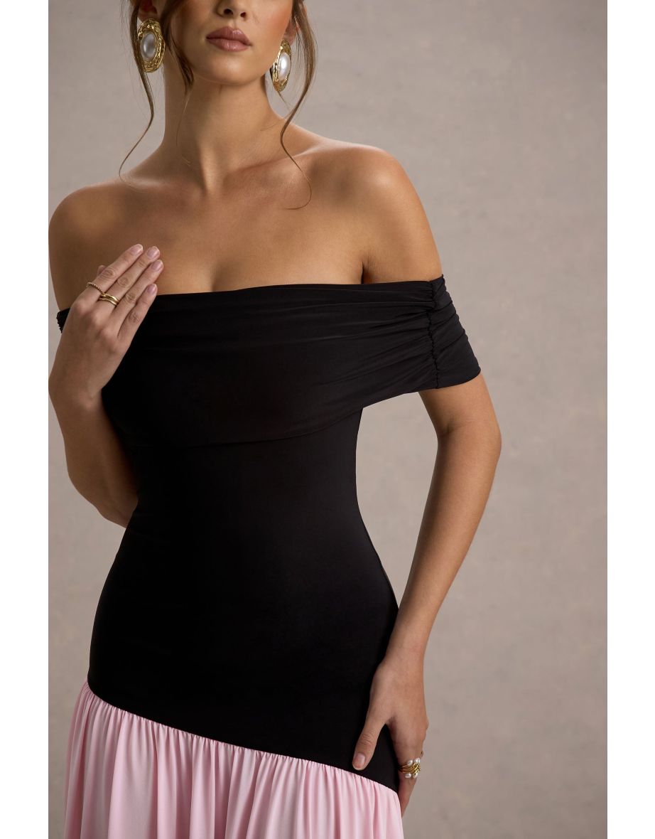 Venezia | Black & Pink Bardot Puff-Skirt Maxi Dress - 6