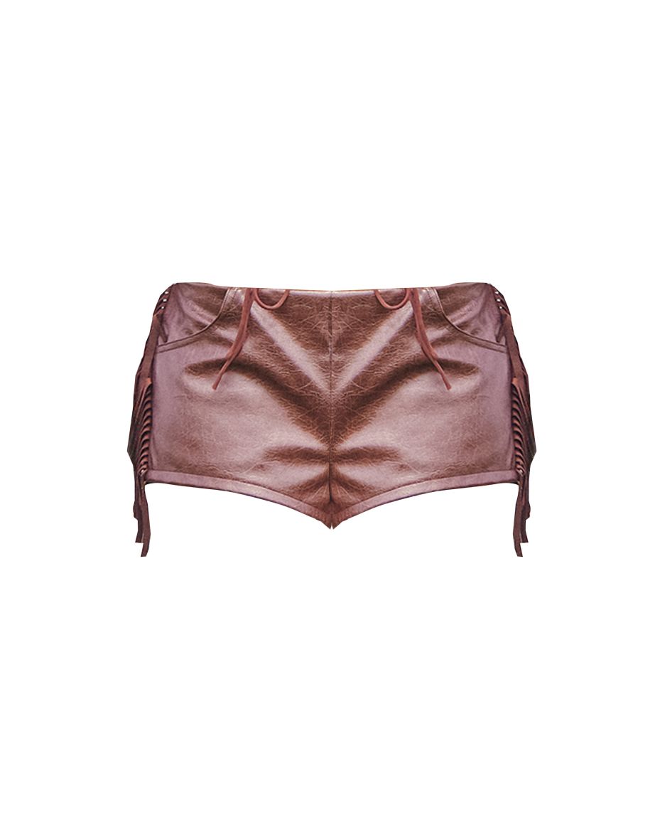 Washed Brown Faux Leather Fringe Hot Pants - 5
