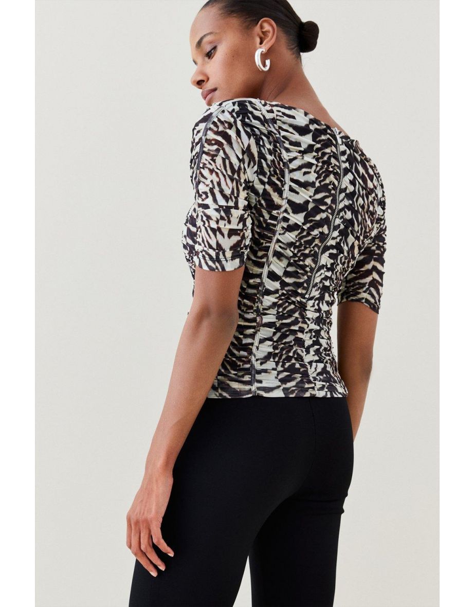 Animal Print Ruched Mesh Top - 2