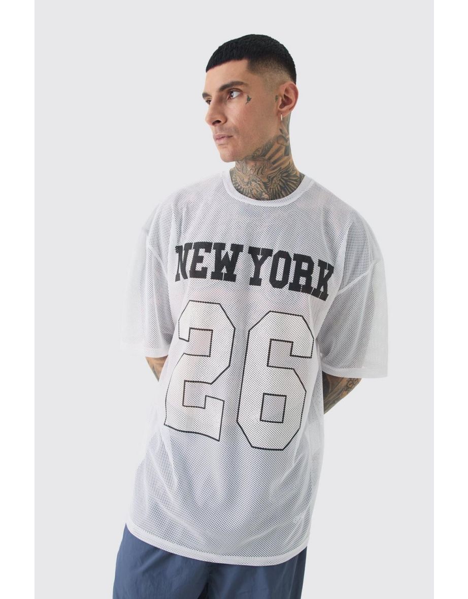 Tall New York Printed Mesh Basketball T-shirt In White - white