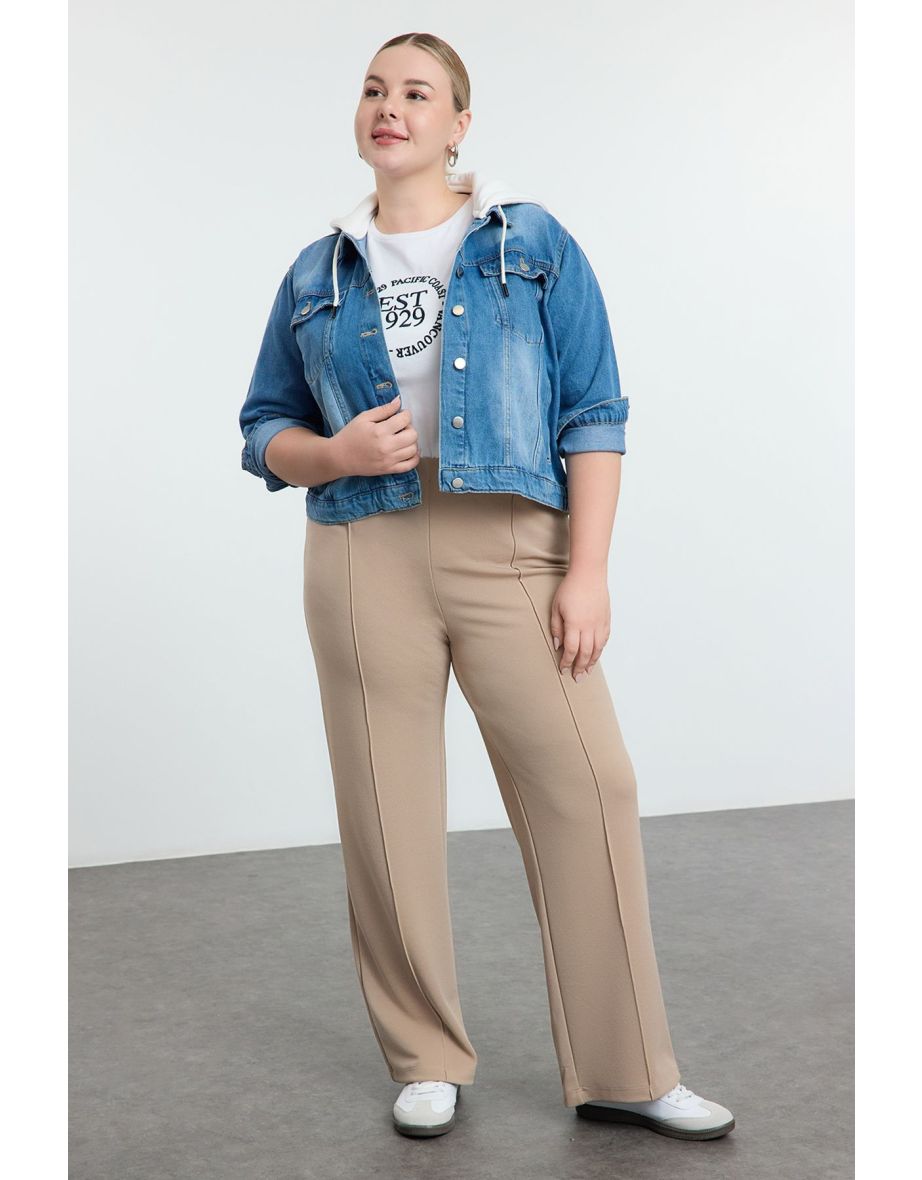 Mink Ribbed Detailed Elastic Waist Knitted Wide Leg Plus Size Trousers