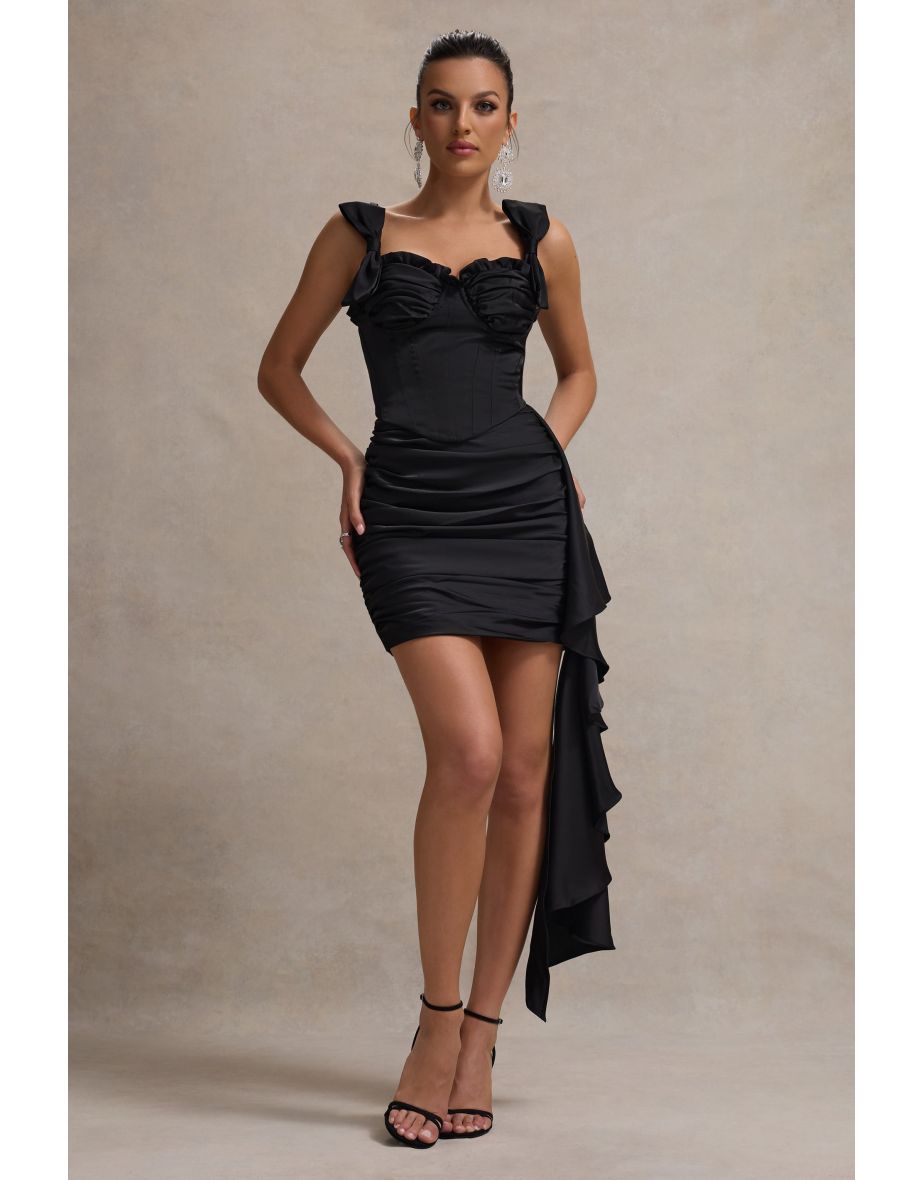 Lesina | Black Satin Ruched Corset Mini Dress With Drape