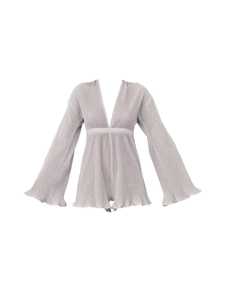 Silver Glitter Plisse Flare Sleeve Plunge Playsuit - 4