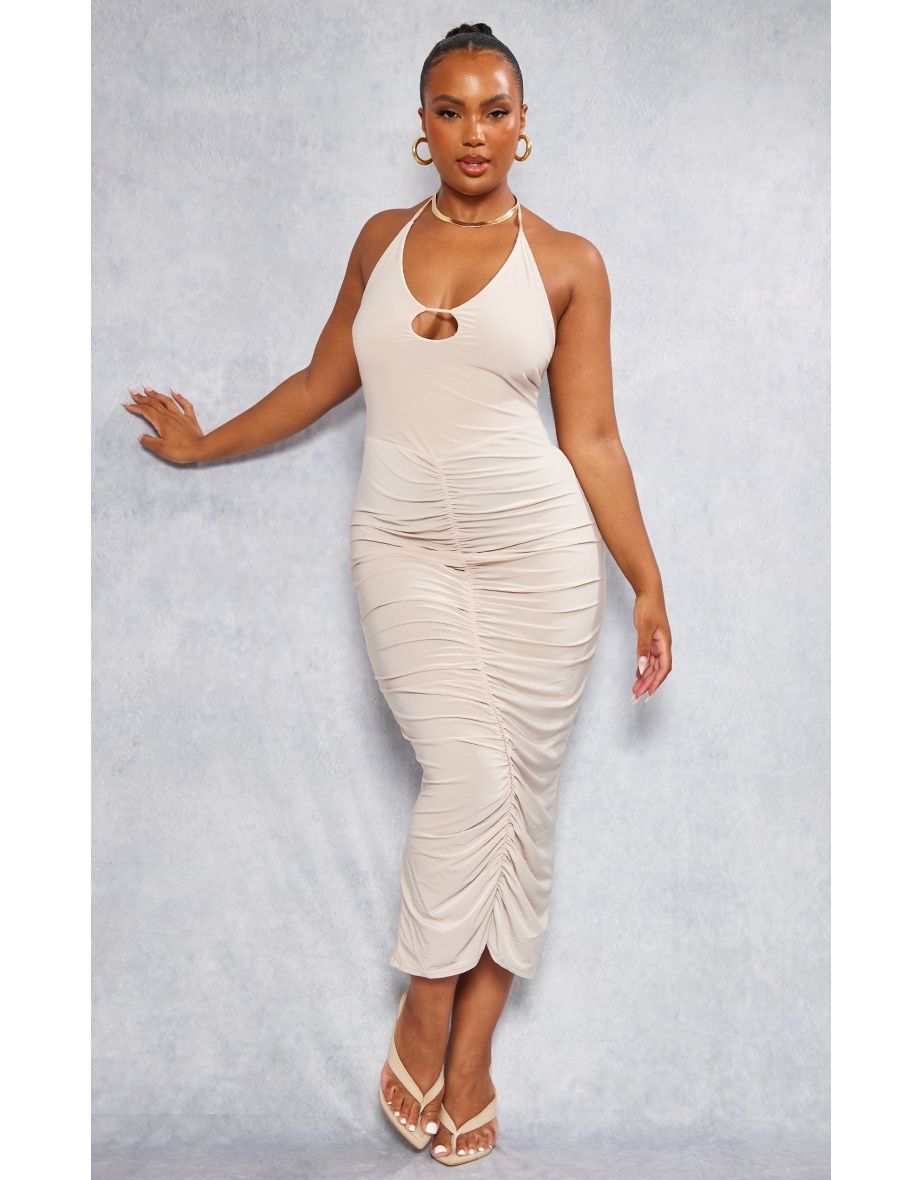 Beige Plus Halter Neck Bodycon Midaxi Dress