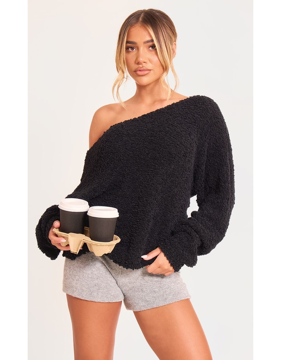 Shop Black Bobble Knit Oversized Bardot Jumper Online in Qatar VogaCloset