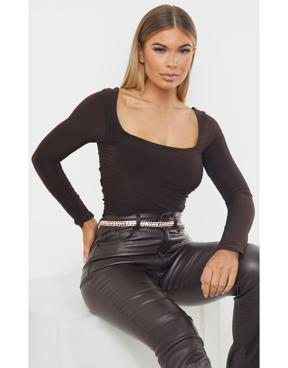 Chocolate Slinky Ruched Long Sleeve Square Neck Bodysuit