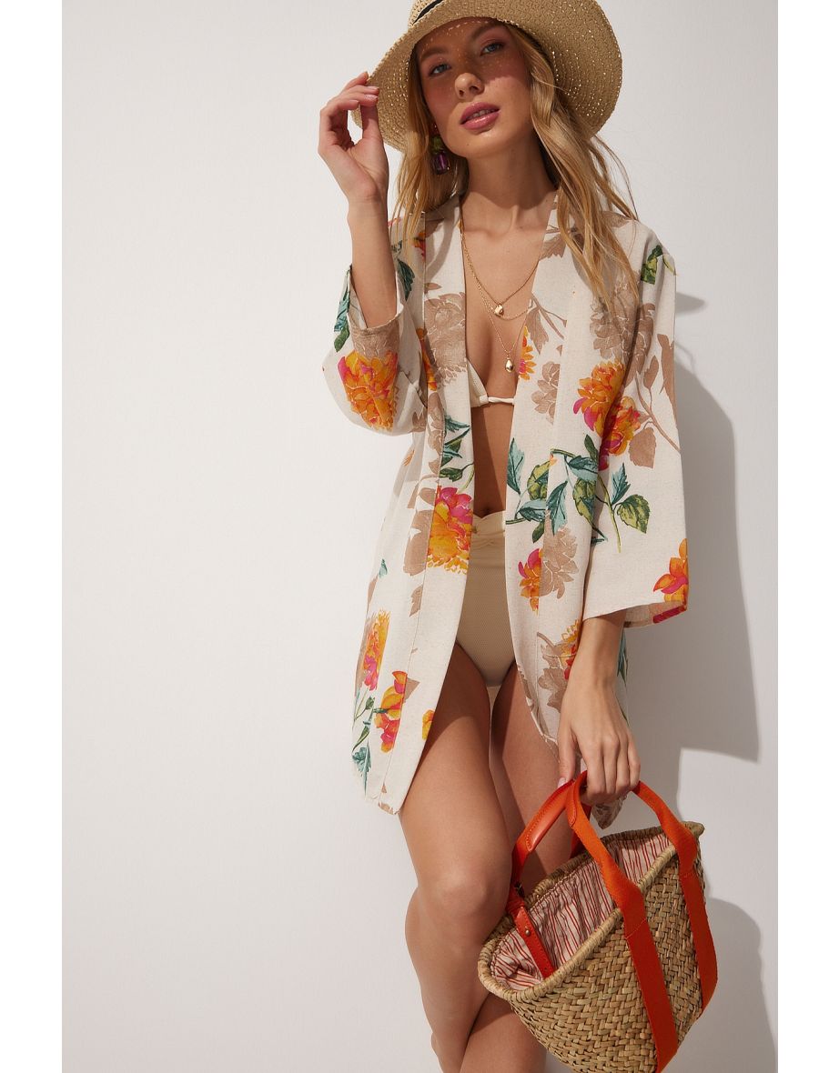 Women's Beige Orange Patterned Linen Viscose Kimono - 4
