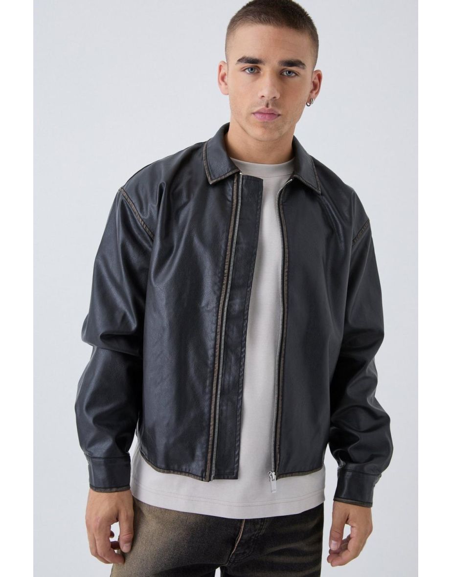 Man Tab Boxy Washed Pu Harrington Jacket In Black