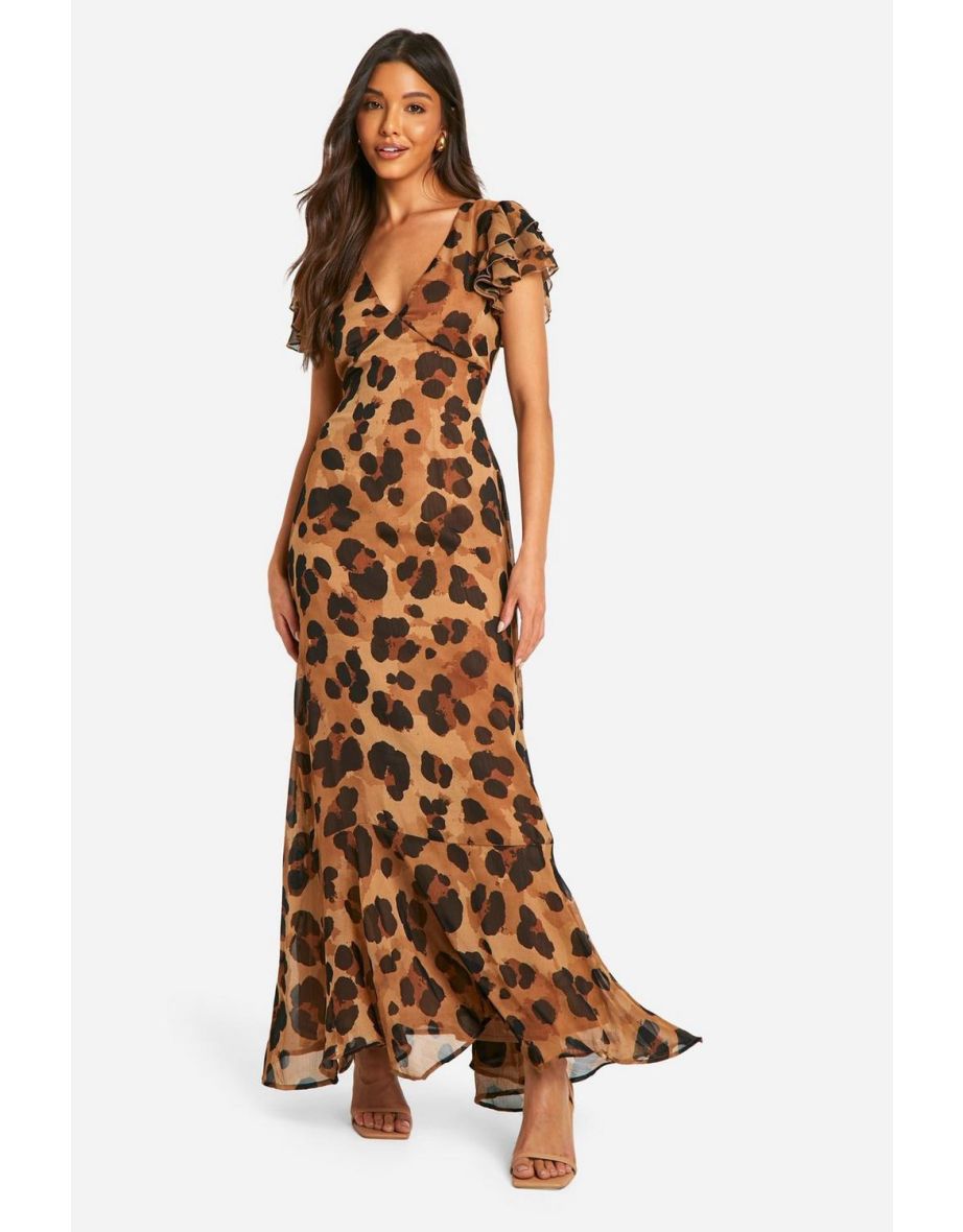 Printed Crinkle Chiffon Angel Sleeve Dress - brown