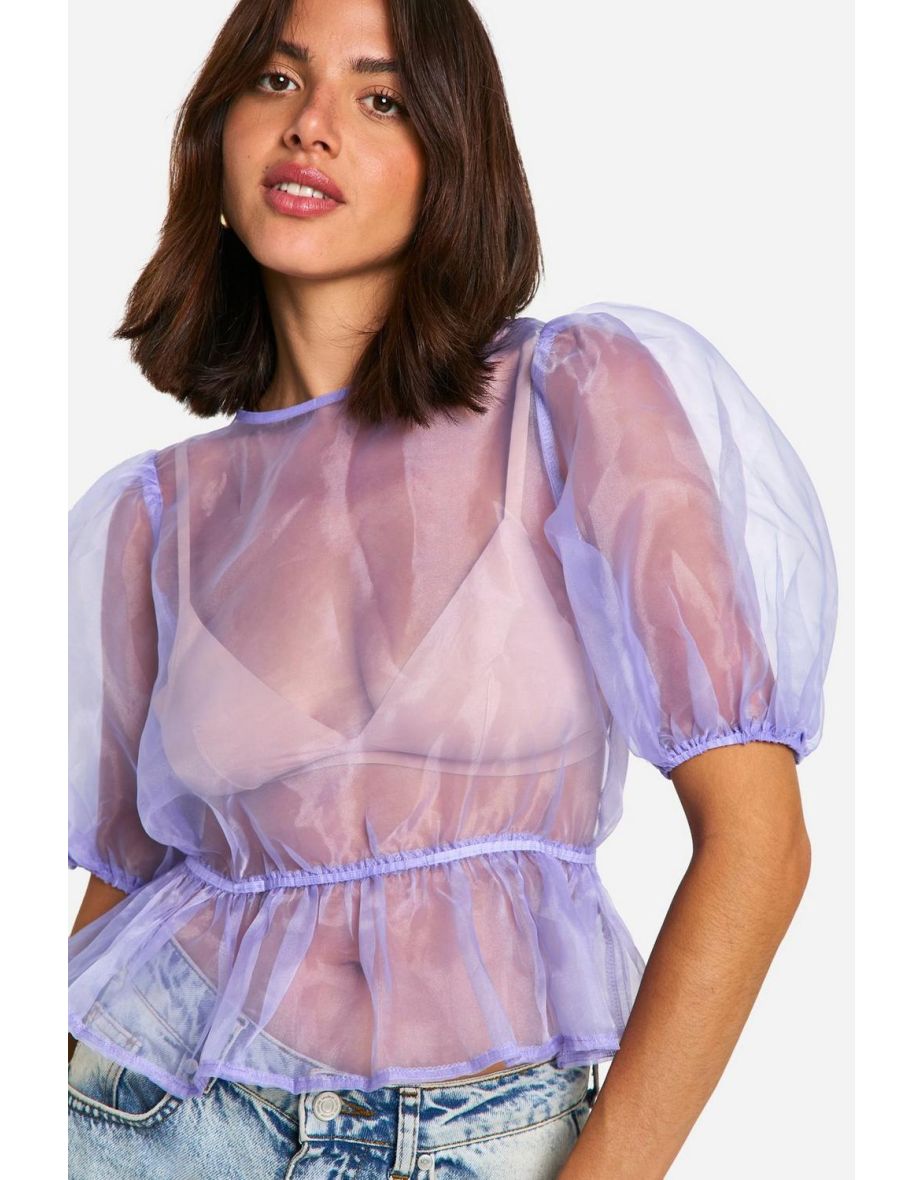 Organza Tie Back Puff Sleeve Top - powder blue - 3