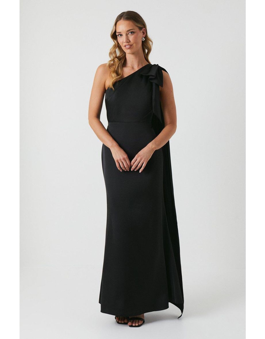 Bow And Drape Detail One Shoulder Satin Bridesmaids Dress