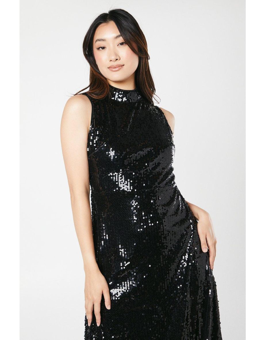Fringe Hem High Neck Sequin Midaxi Dress - 3