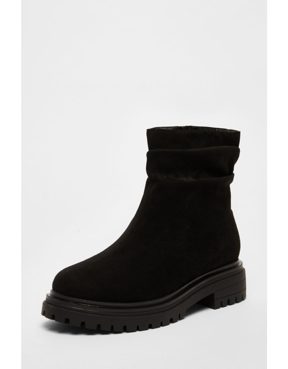 Black Faux Suede Ruched Ankle Boots