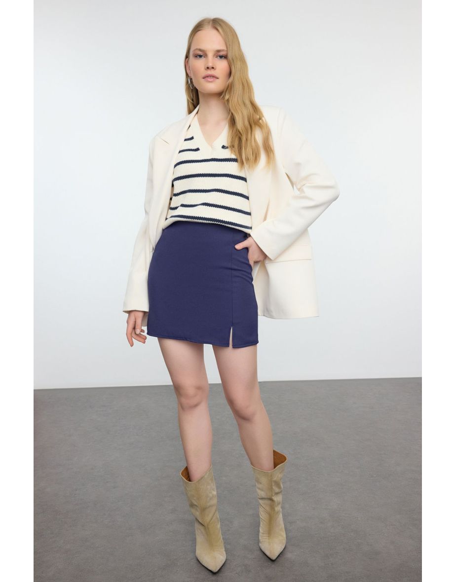 Navy Blue Mini Slit Skirt