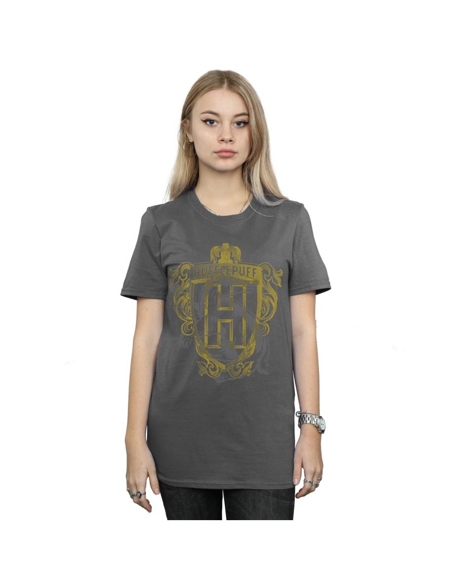 Harry Potter Womens/Ladies Hufflepuff Badger Crest Cotton Boyfriend T-Shirt - Charcoal