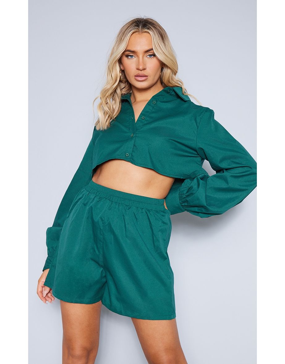 Emerald Green Woven Oversized Cropped Shirt