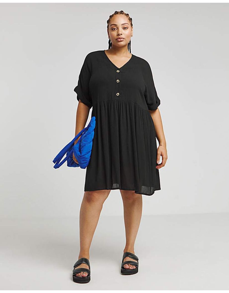 Black Crinkle Button Through Smock Dress