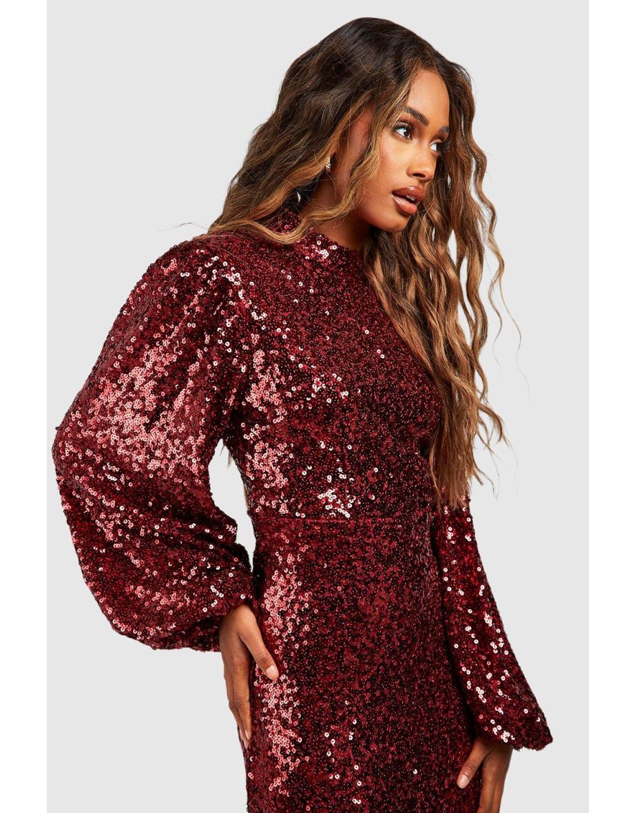 Sequin Blouson Sleeve Midi Party Dress - berry - 3