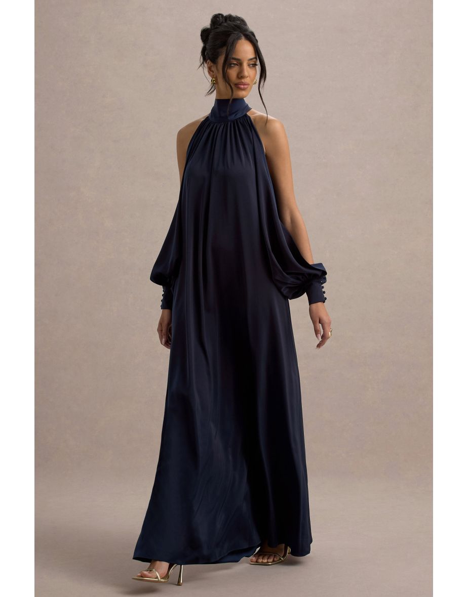 Baila | Navy Satin High-Neck Cape-Sleeve Maxi Dress