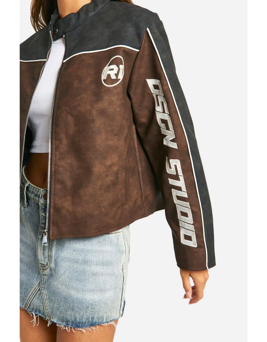 Embroidered Fitted Vintage Look Faux Leather Moto Jacket - brown - 3