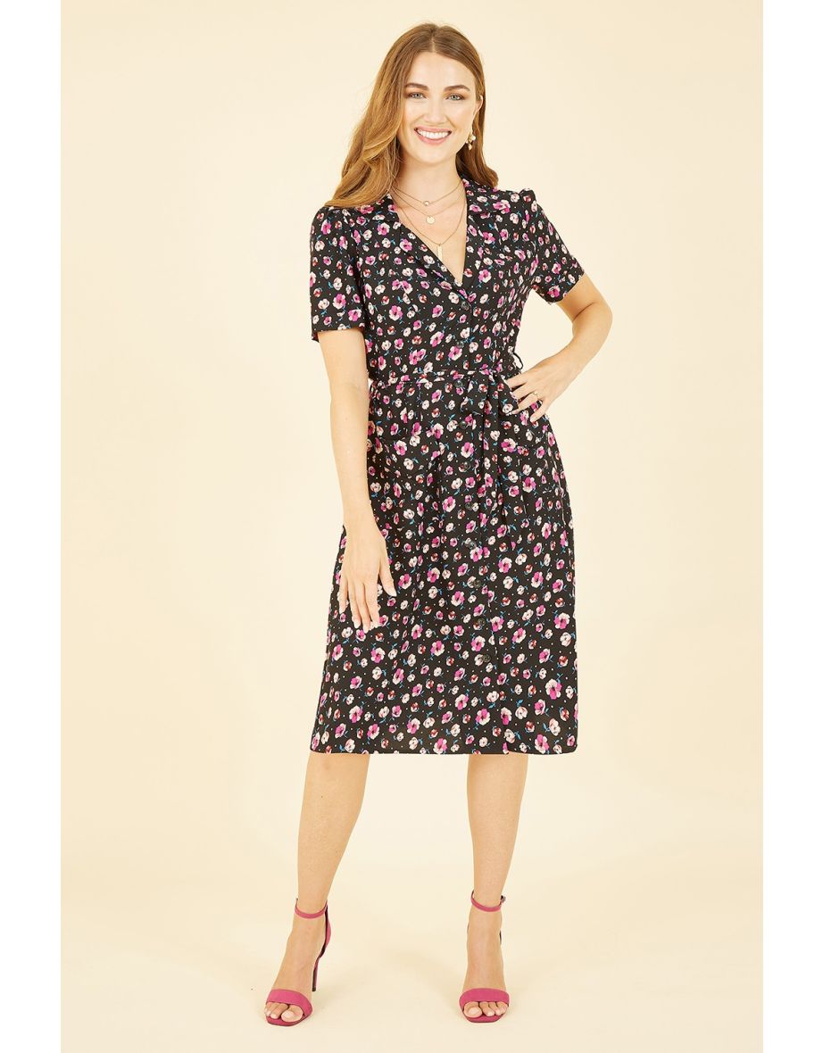 Yumi Black Floral Retro Shirtdress
