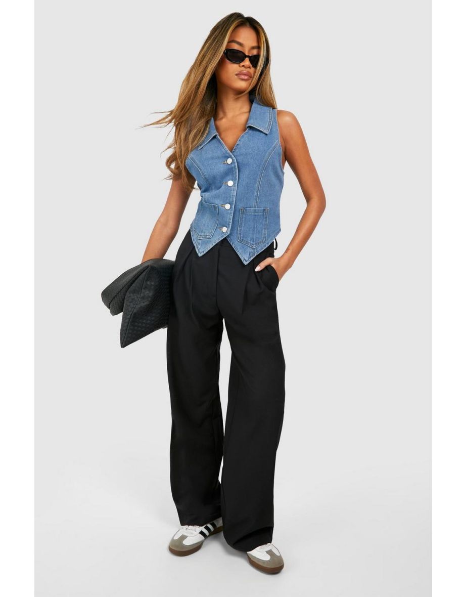 Fitted Collar Detail Denim Waistcoat - denim-blue