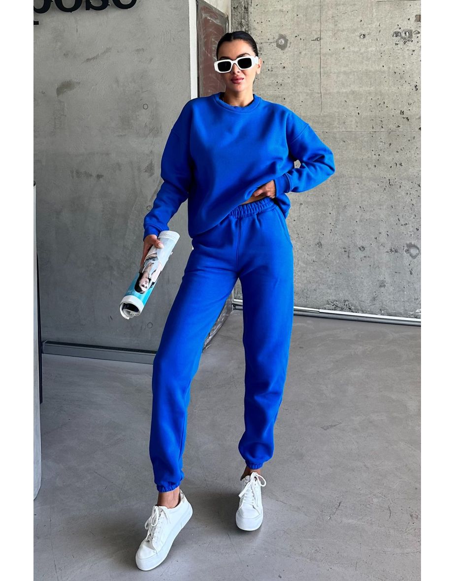 Sax Blue Crew Neck Plain Oversize Bottom-Top Tracksuit Set