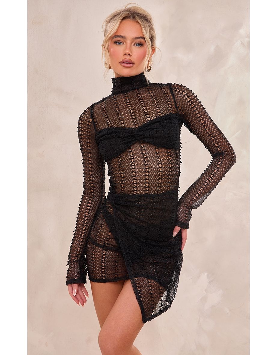 Long sleeve sheer lace dress hotsell