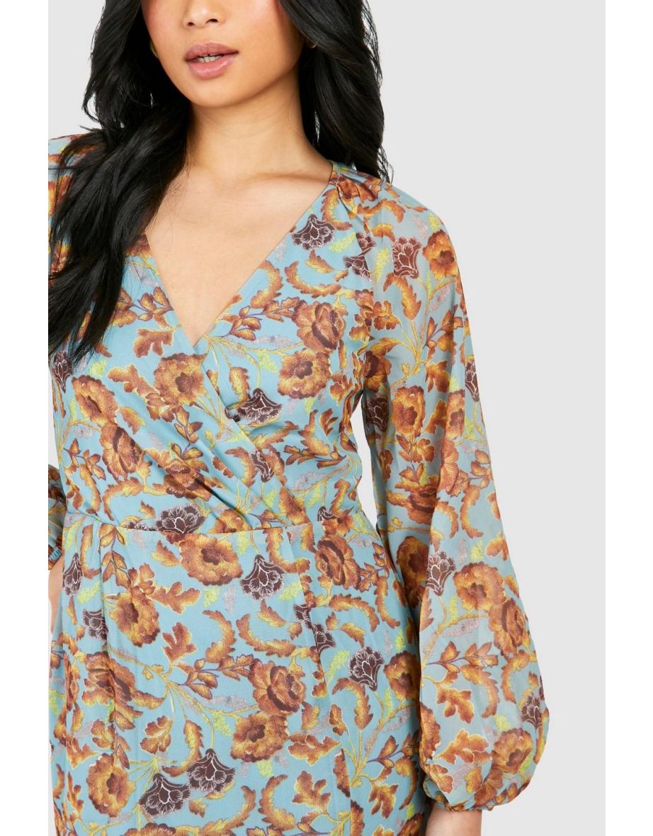 Petite Floral Print Ruffle Wrap Maxi Dress - blue - 3