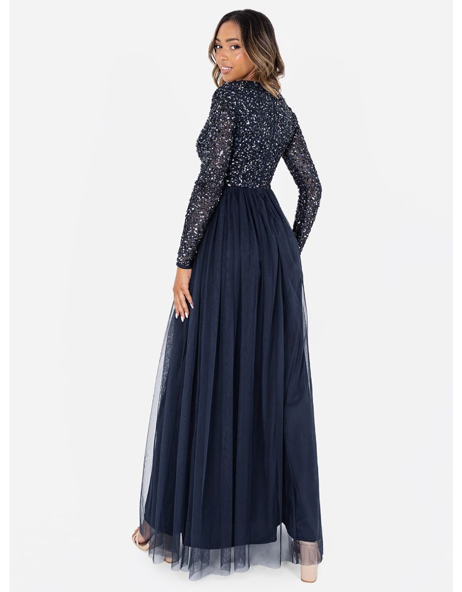 Maya Navy Embellished Long Sleeve Maxi Dress - 6