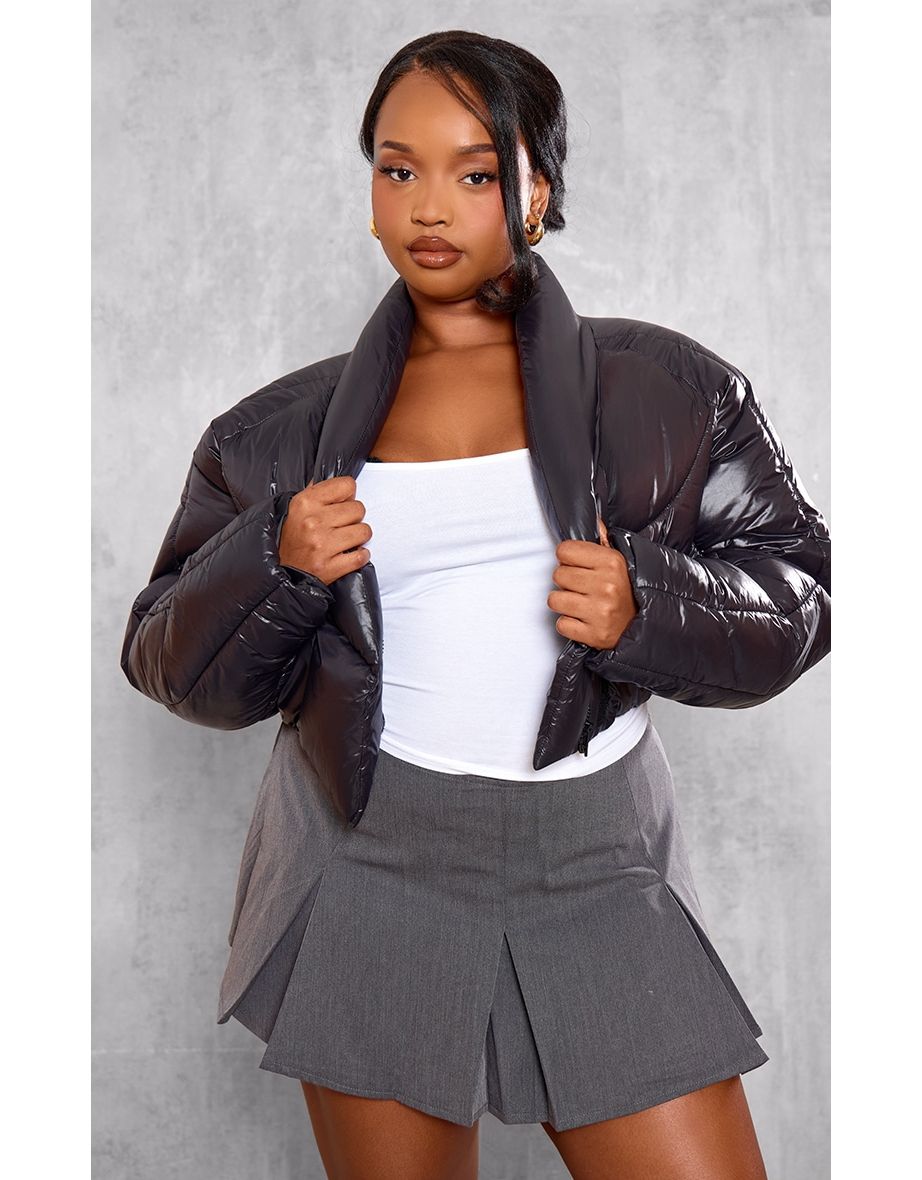 Plus Black Cropped Oversized Collar Detail Puffer Jacket