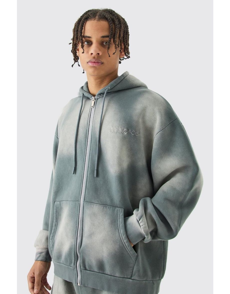 Man Oversized Sun Bleach Washed Zip Through Hoodie - grey