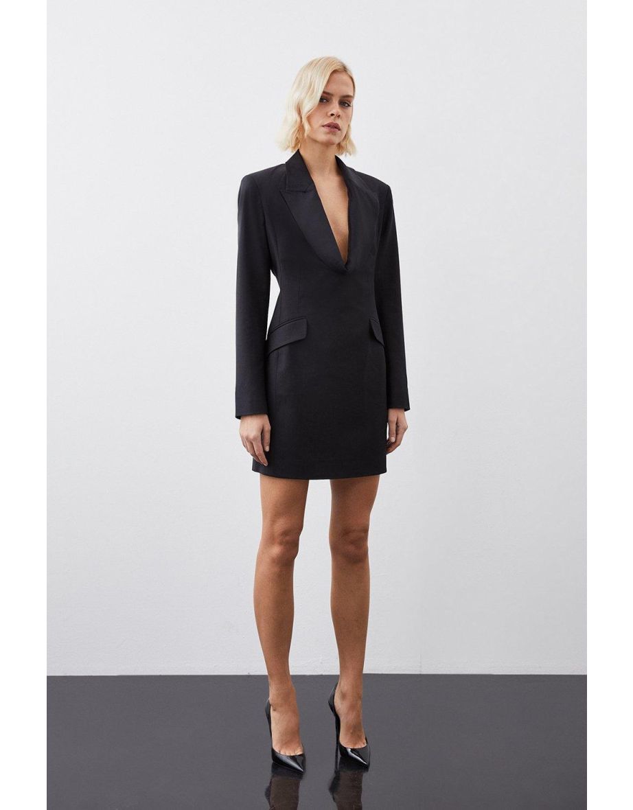 Wool Blend Curved Neckline Tailored Blazer Dress