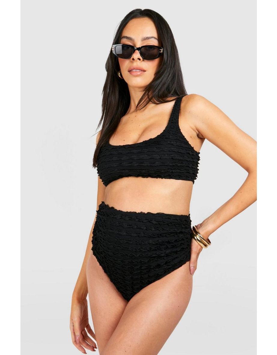 Maternity Textured Ruffle High Waist Bikini Set - black