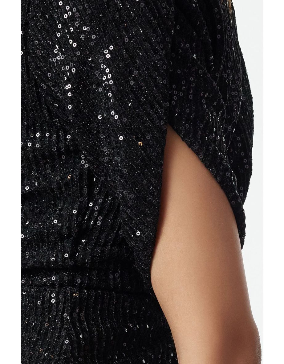 Black Fitted Shiny Sequin Elegant Evening Dress - 4