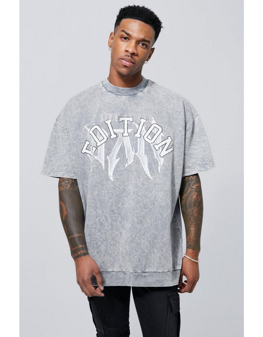 Oversized Acid Wash Graphic T-shirt - light grey